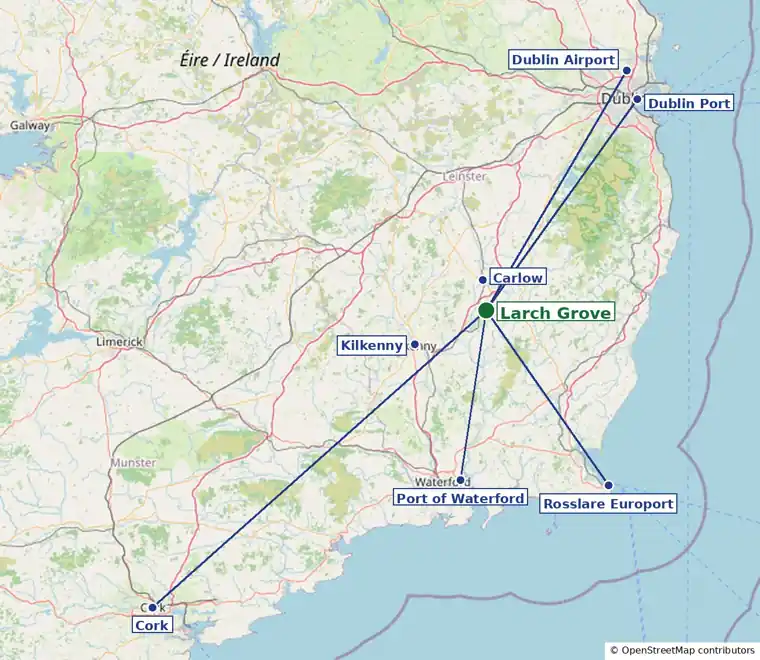 Map of south-east Ireland showing Larch Grove with lines to Dublin, Rosslare, Waterford and Cork