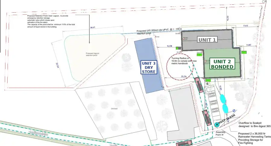 Site layout plan: Unit 2 bonded in green, Unit 3 dry store in blue across the yard, Unit 1 in grey