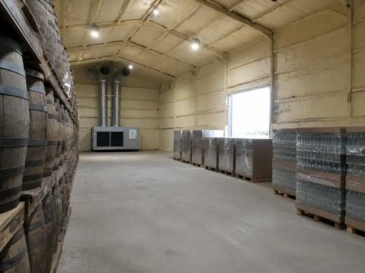 The Unit 3 dry store with an insulated timber-toned interior, pallets of glass and stacked empty casks